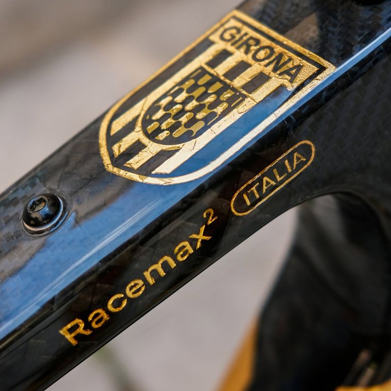 The Girona coat of arms laid in gold leaf on a carbon frame