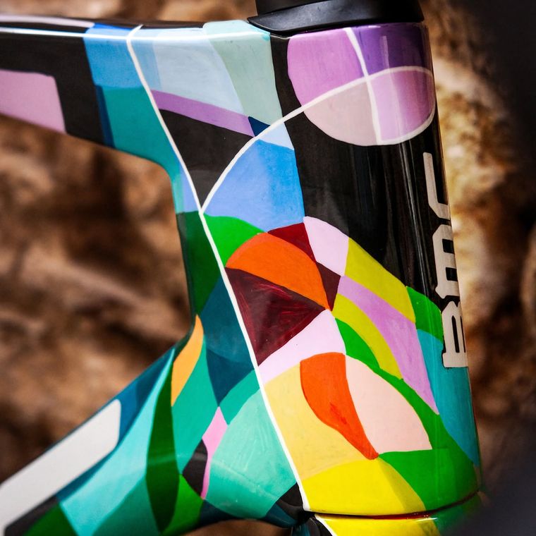 Hand-painted geometric colourwork on a head tube